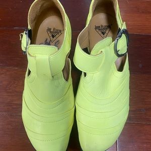 John Fluevog Bossa Nova Neon Yellow w/ Navy Blue Sole Platform Shoe